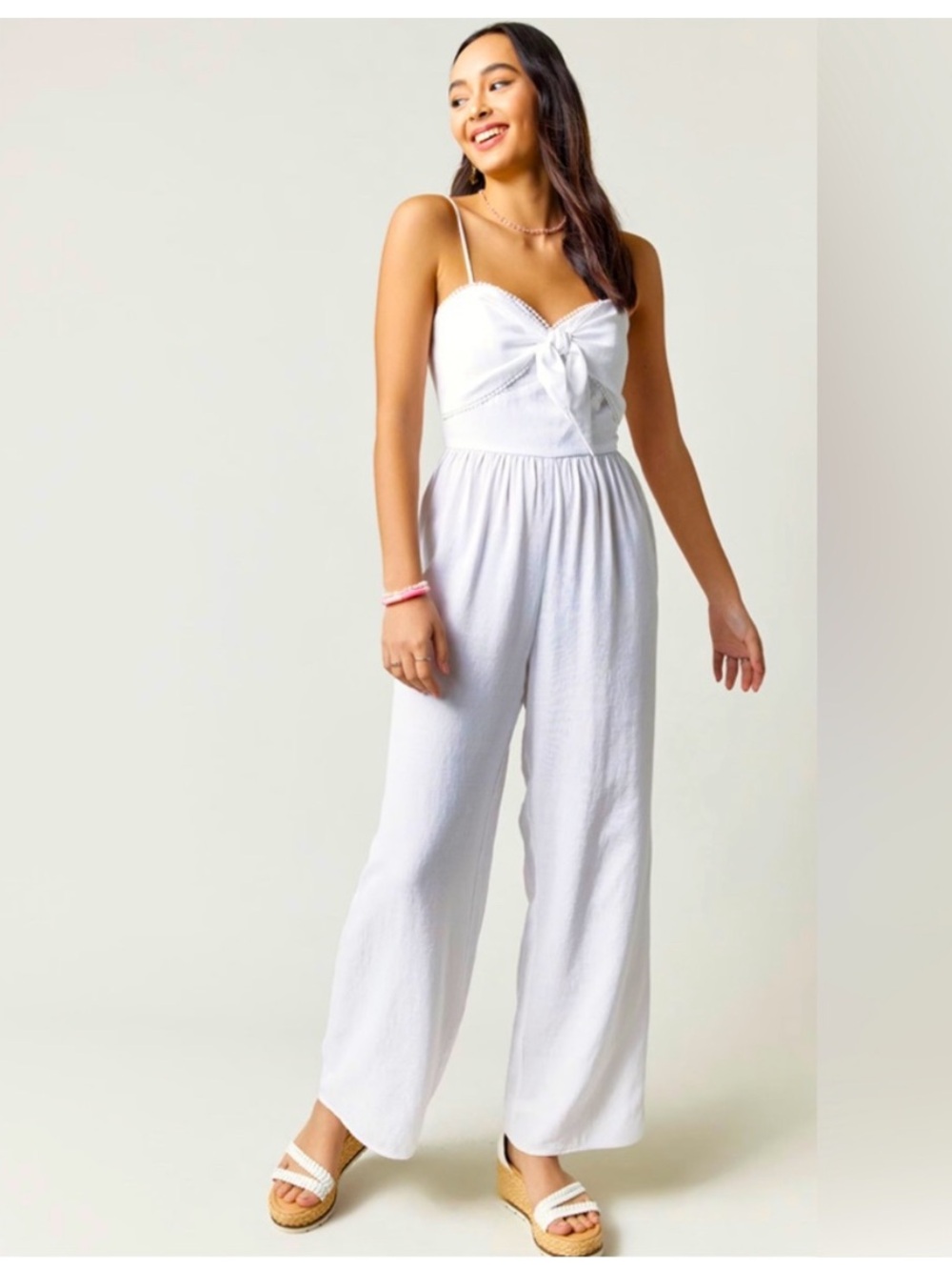 Mi’Ami Francesca’s Ivory White Spaghetti-Strap Tie-Front Jumpsuit pockets Small
